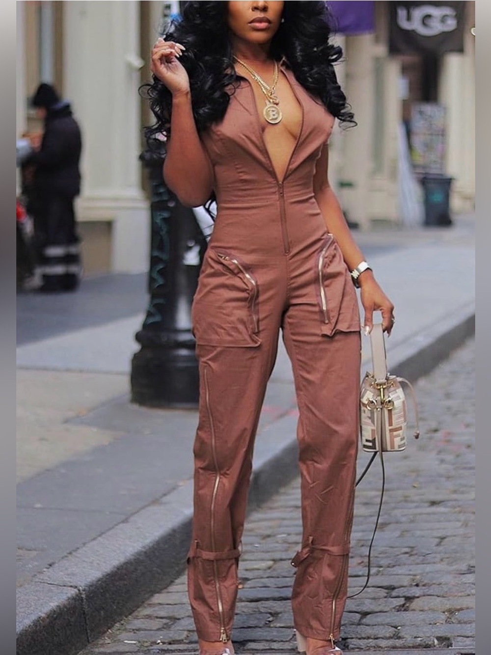 Women’s Brown Utility Jumpsuit with Zipper Details